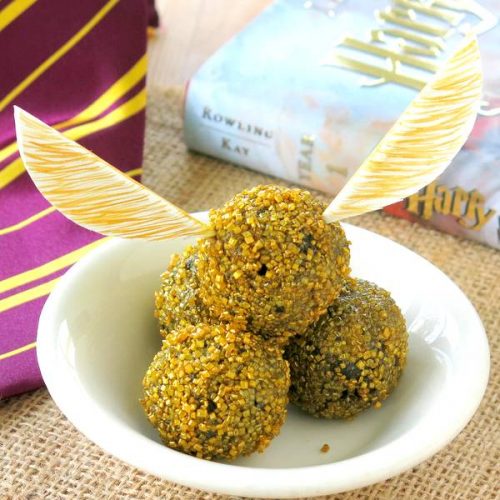 3 Ingredient Harry Potter Golden Snitch Truffle Recipe plus instructions for easy wings. No bake balls are ready in no time. Vegan option.