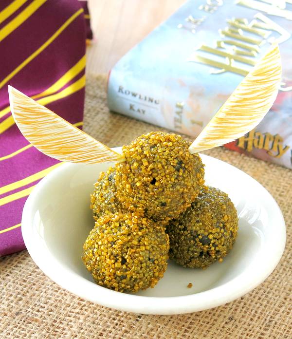 3 Ingredient Harry Potter Golden Snitch Truffle Recipe plus instructions for easy wings. No bake balls are ready in no time. Vegan option.