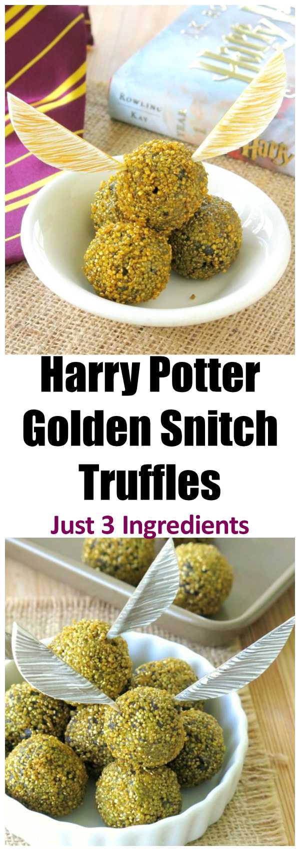 Harry Potter Golden Snitch Truffles Recipe - Just 3 Ingredients Plus Template for Paper Wings. Edible balls are perfect as a cake topper too. No bake with vegan option.