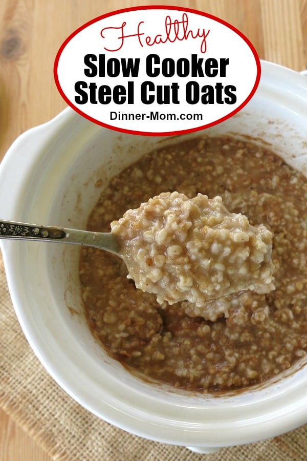 Slow Cooker Steel Cut Oats are easy to make. Cook them overnight and enjoy a hot breakfast in the morning. Top with fruit and nuts for a healthy meal. #slowcookersteelcutoats #crockpotoatmeal