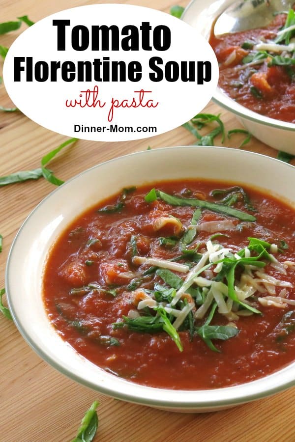 This easy Tomato Florentine Soup with Pasta recipe takes just one pot and is ready in under 30 minutes! #tomatoflorentinesoup #souprecipes