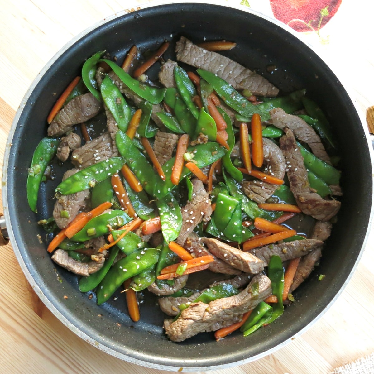 Asian beef stir fry in skillet