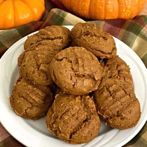 Plate of 2-ingredient pumpkin cookies made with spice cake mix.