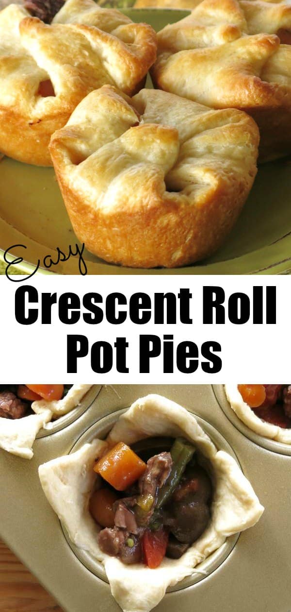 Easy Crescent Roll Pot Pies with beef and veggies in red wine sauce! Simple to make using Pillsbury crescent rolls to make the crust. Kids and adults will love these! #crescentrolls #potpie #dinnerrecipe