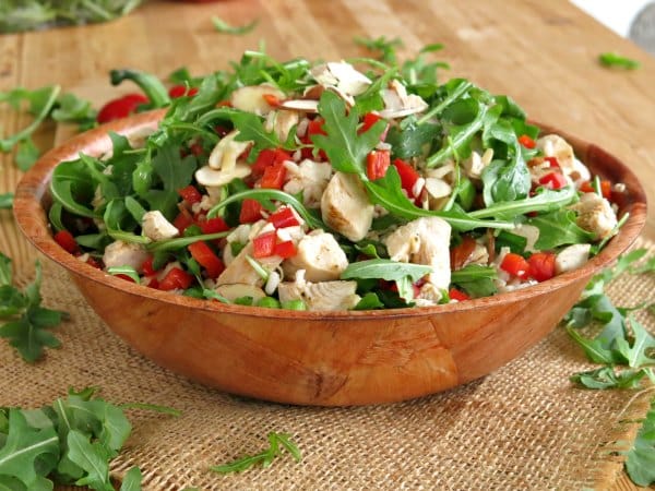 Arugula Rice Salad with Chicken in a bowl