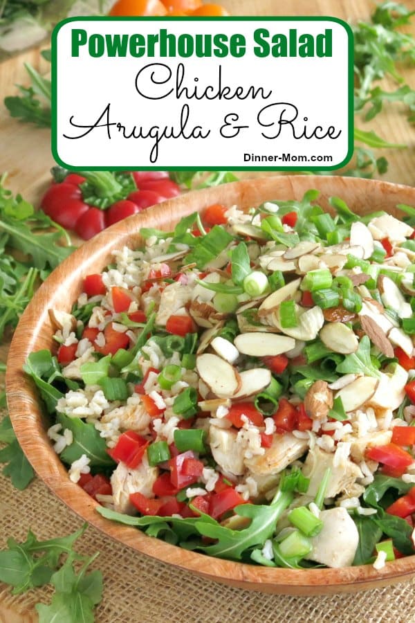 Out of energy? Make Powerhouse Chicken Arugula Rice Salad with Sesame Dressing. It's festive AND tasty AND packed with protein! #saladrecipes #healthyrecipes