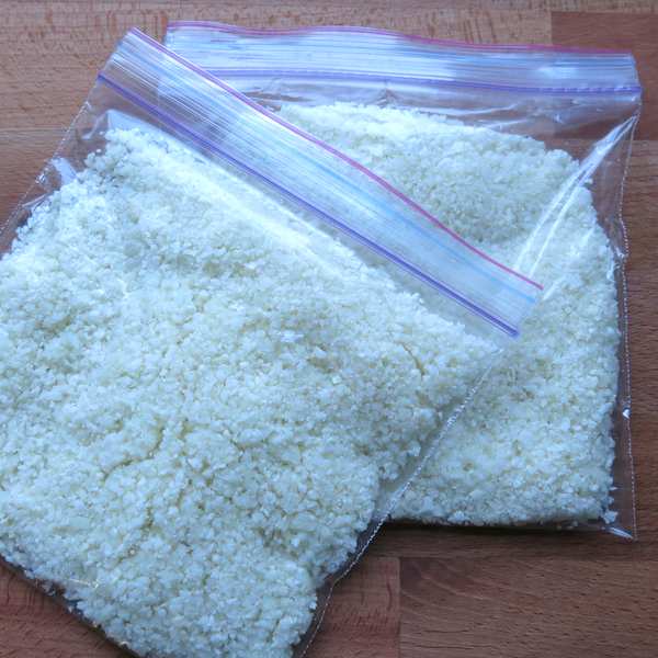 Frozen Cauliflower rice in ziplock bags 1 cup portions.
