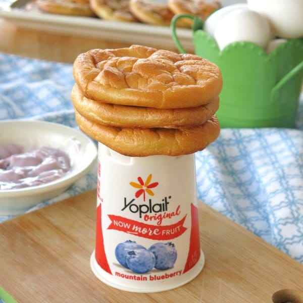 Cloud Bread stacked on Yoplait Mountain Blueberry Yogurt Container