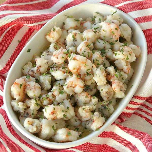 Lemon Garlic Butter Rock Shrimp in a serving bowl.