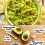 Bowl of one avocado guacamole and a collage of the labeled ingredients to make it.