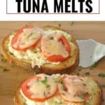 2 creamy open-faced tuna melts on a serving board.