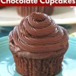 Eggless chocolate cupcake with dairy-free chocolate frosting on a plate.