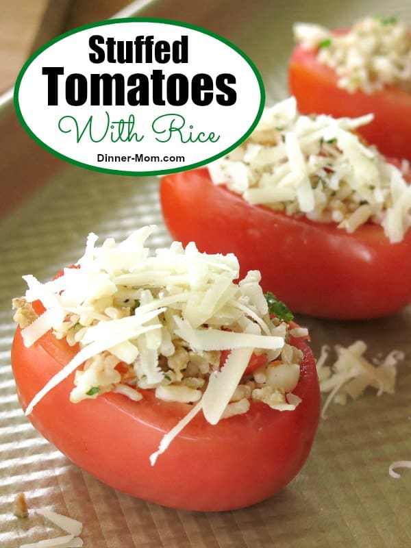 Stuffed Tomatoes with rice and sausage look fancy but are so easy to make. There are just 4 ingredients in this healthy recipe that bakes in the oven. #stuffedtomatoes
