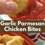 Fingers holding a garlic parmesan chicken bite dipped in marinara over a plate with more chicken nuggets.