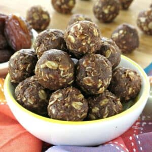 Chocolate Date Balls in a bowl.