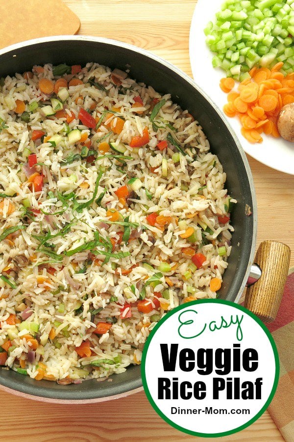 Veggie Rice Pilaf is a healthy side dish with lots of vegetables or becomes the main dish if you add beans, chicken or shrimp. #veggiericepilaf #ricepilaf