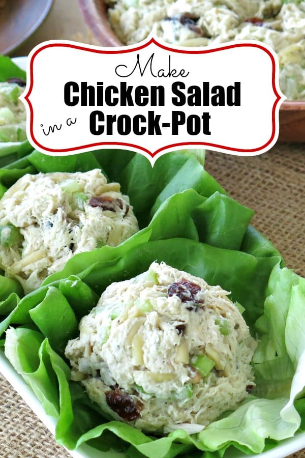 Healthy Crock-Pot Chicken Salad! Shred chicken right in the crock-pot after it slow cooks with cream cheese and tarragon. Stir in Greek yogurt, crunchy celery and almonds for an easy low-carb dinner! #crockpot #slowcooker #chickensalad