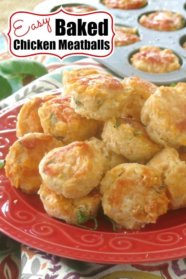 Easy Chicken Meatballs Baked in a mini muffin tin are lower in carbs and gluten-free. Our short-cut method keeps prep and mess to a minimum! #meatballs #chicken