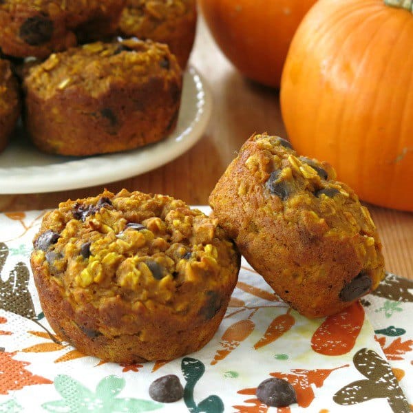 2 Pumpkin Oatmeal Chocolate Chip Muffins on napkin