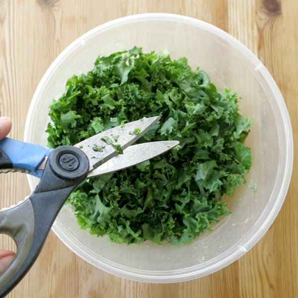 Kale being chopped with scissors