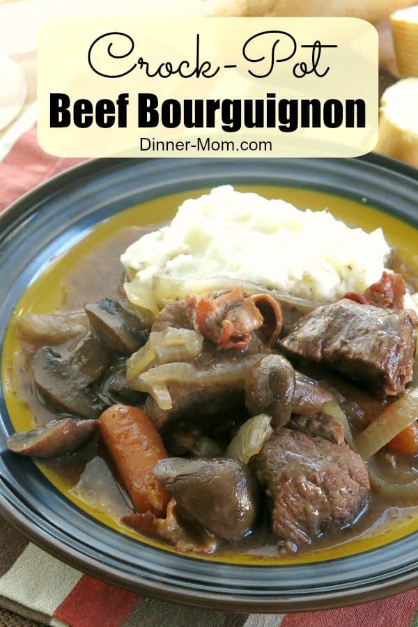Crock-Pot Beef Bourguignon reduces time spent in the kitchen, but has all the flavor of the Julia Child original. The smooth and velvety red wine sauce is fantastic! #beefbourguignon #crockpotrecipes