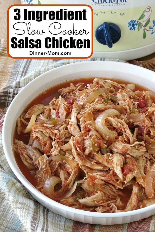 3 Ingredient Crock-pot Salsa Chicken is easy and healthy! Make it on Sunday and have tasty salads, soups, and rice bowls all week long! #salsachicken #slowcooker