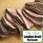 Sliced pieces of steak on cutting board using The Best London Broil Marinade
