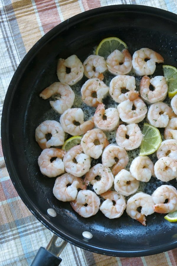 Shrimp in Skillet with lemon slices