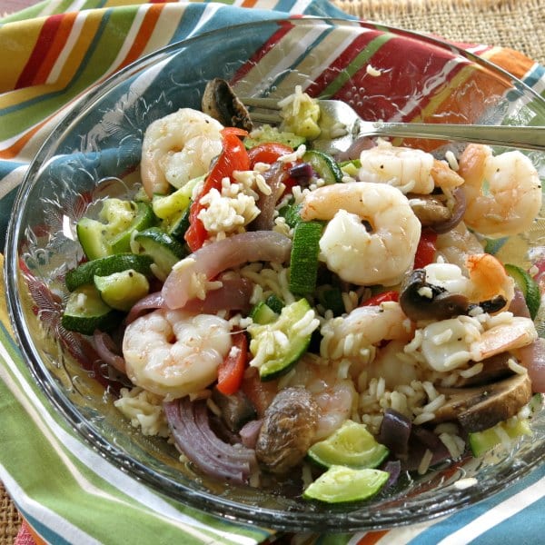 Skillet Shrimp and Rice and Vegetables on plate