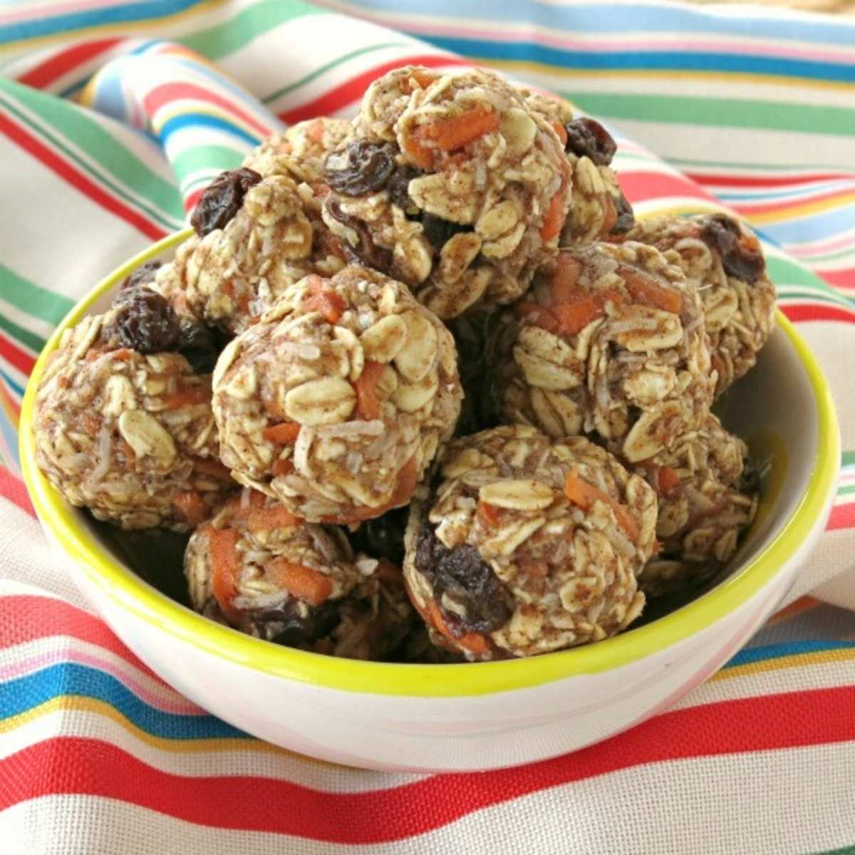 Carrot cake energy balls in a bowl.