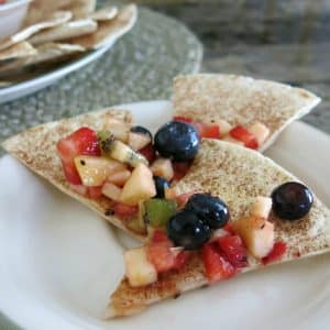 Apple Berry Salsa on 3 cinnamon chips on a plate.