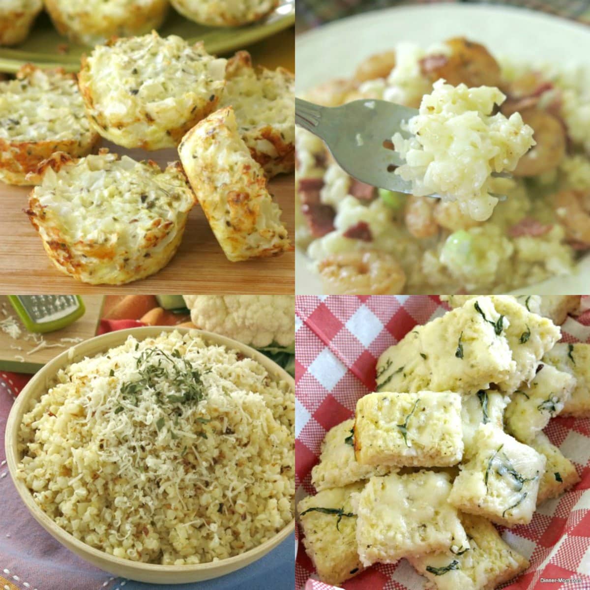 Collage of frozen cauliflower rice recipes.