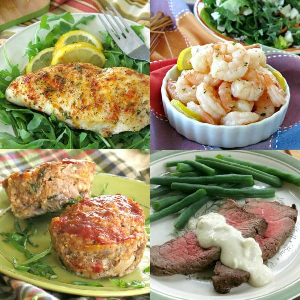 Collage of 4 core recipes: chicken, shrimp, meatloaf muffins and London broil for healthy dinners on autopilot plan