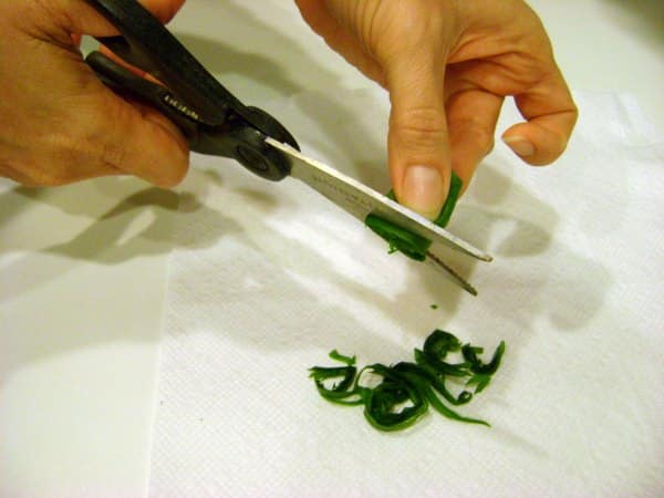 Basil leaves that have been stacked and rolled being cut with scissors.