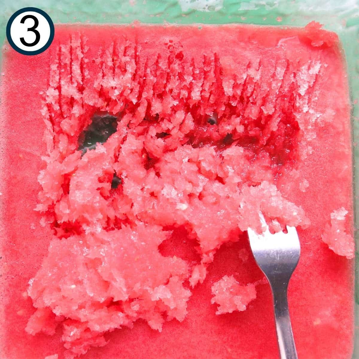 Fork raking partially frozen watermelon puree.