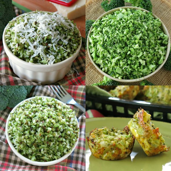 Collage of 4 broccoli rice recipe: roasted broccoli rice, broccolli muffins, steamed broccoli rice and stove-top broccoli rice