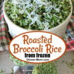 Collage with roasted broccoli rice in a bowl and on a sheet pan.