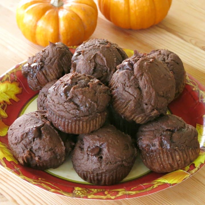 Chocolate Pumpkin Muffins with chocolate chips piled on a plate.