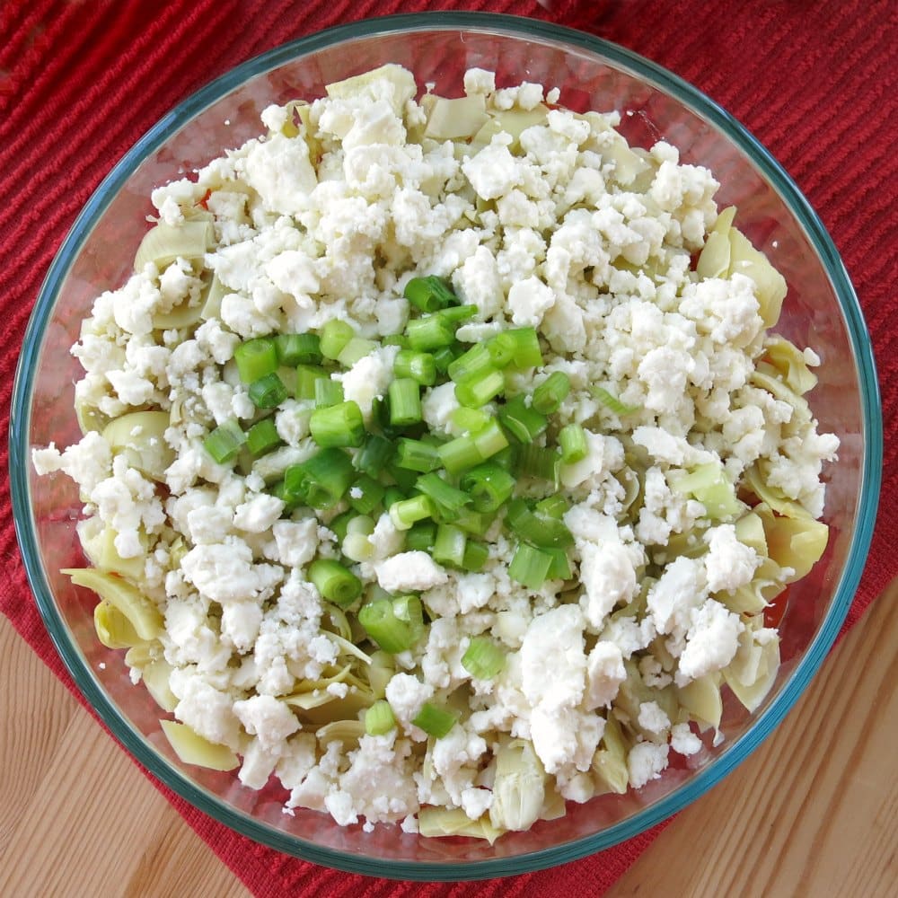 Overhead view of 7 layer Greek Dip recipe