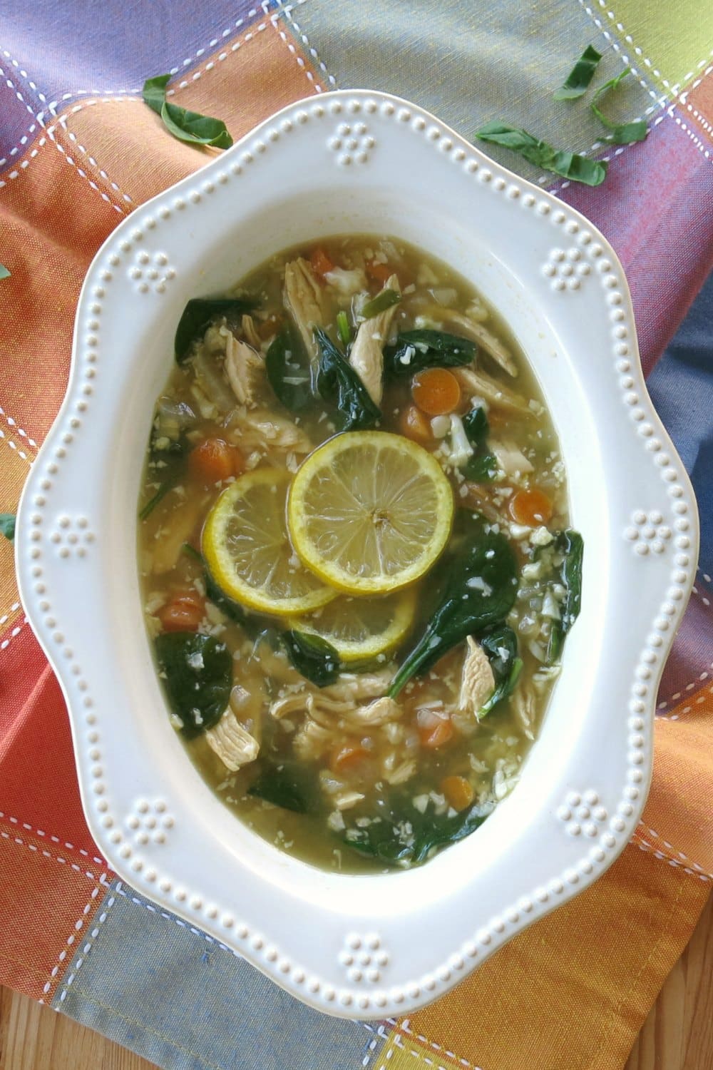 Lemon Chicken Cauliflower Rice Soup in serving bowl.
