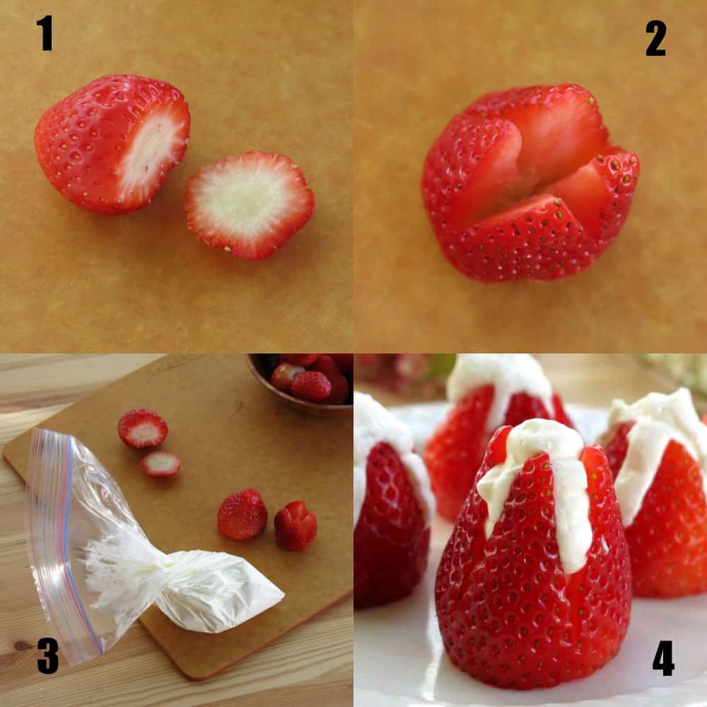 4 pictures showing steps to make cheesecake stuffed strawberries like a flower