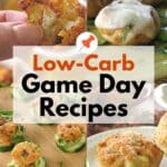 Collage of low-carb game day recipes: cauliflower win, stuffed mushroom, shrimp guacamole bite, buffalo meatloaf cup.