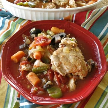 Slow Cooker Chicken Cacciatore with vegetables on a plate.