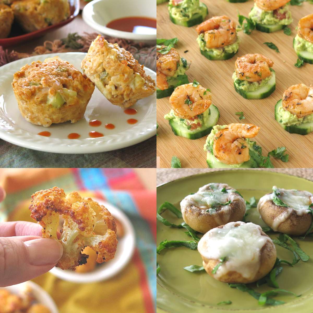 Collage of healthy, low-carb game day recipes: buffalo chicken meatloaf cups, shrimp guacamole bites, parmesan cauliflower bites, stuffed mushrooms.