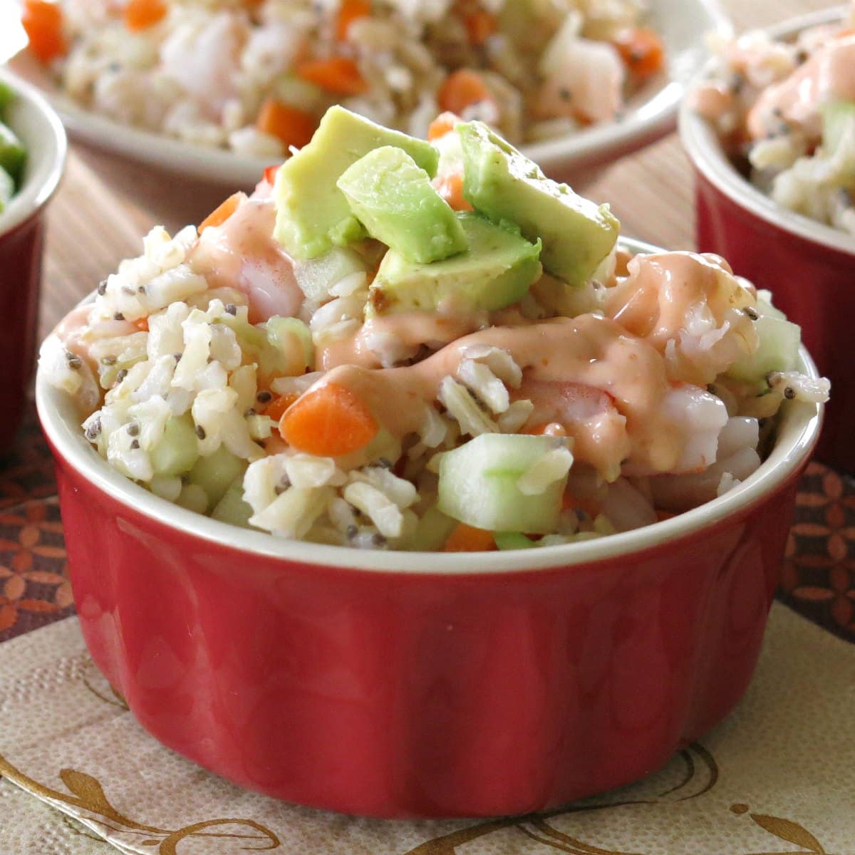 Shrimp Sushi Bowl with creamy sriracha dressing