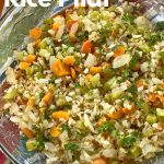 cauliflower rice pilaf with vegetables in bowl with name as text overlay