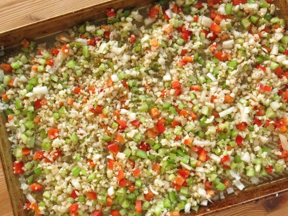 Cauliflower Rice Vegetable Pilaf on a sheet pan.