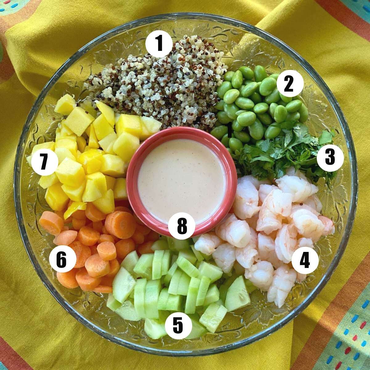 Numbered shrimp poke bowl recipe ingredients on plate.