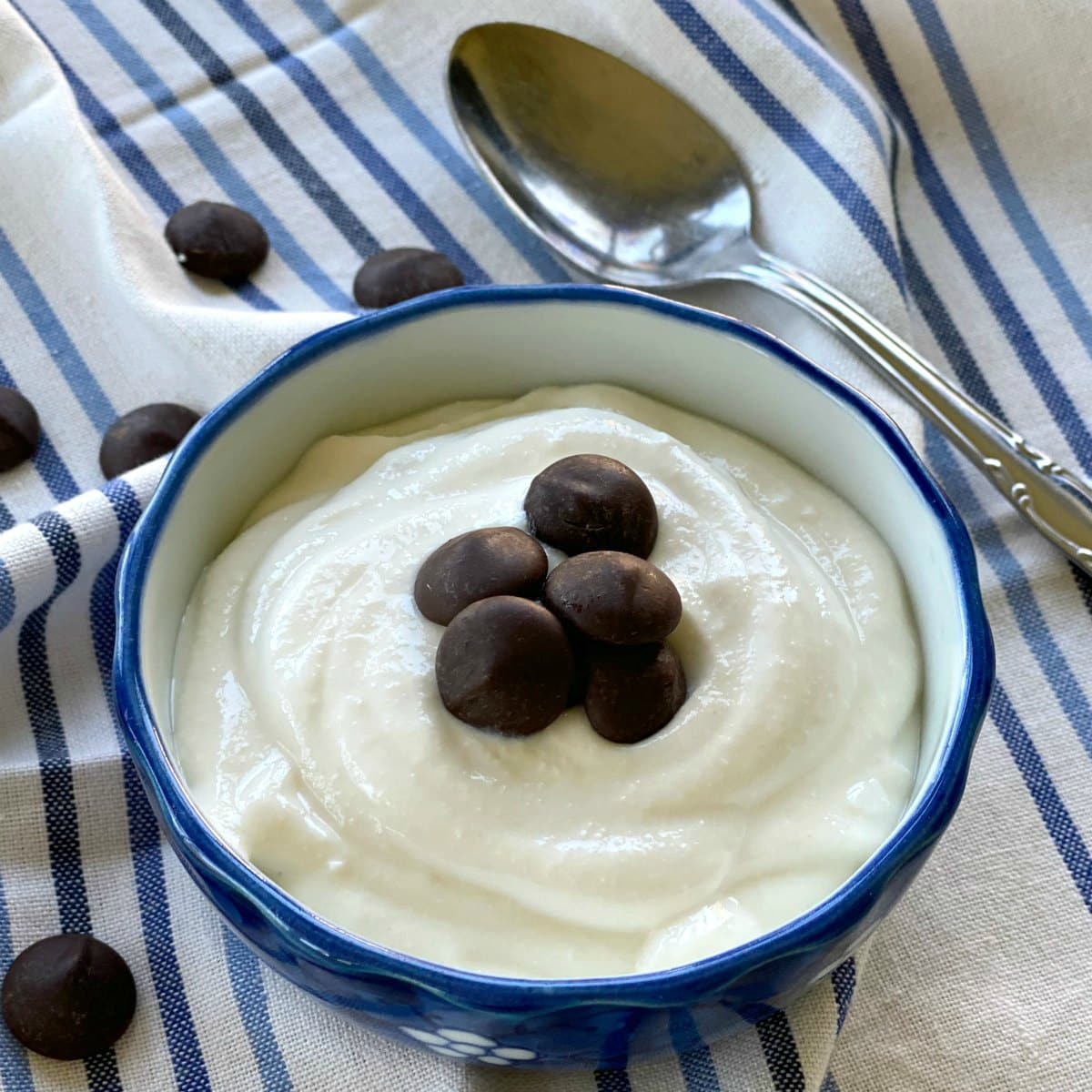 Whipped cottage cheese dessert cup topped with chocolate chips.