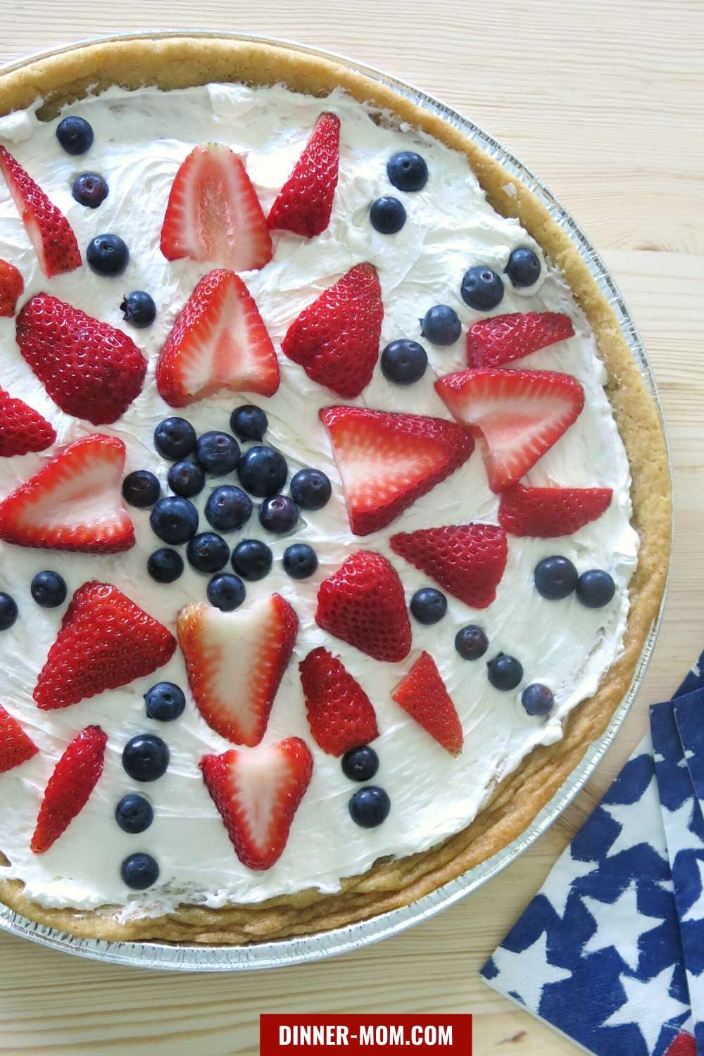 Overhead shot of patriotic fruit pizza.